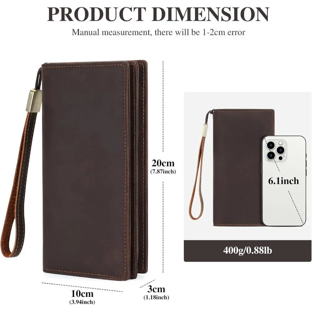 Men's Genuine Leather Brown Bifold Long Wallet Purse Card Multi Zipper Design